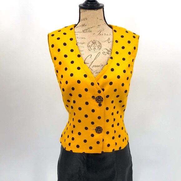 Vintage Jackets & Blazers - Vintage 60’s Givenchy Gold Logo Buttons Pin Up Girl Polka Dot Structured Vest